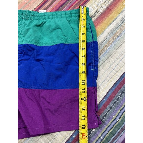 Vtg 90s Players By Van Heusen Sport Swim Trunks Green Blue Purple Colorblock M - Picture 7 of 7